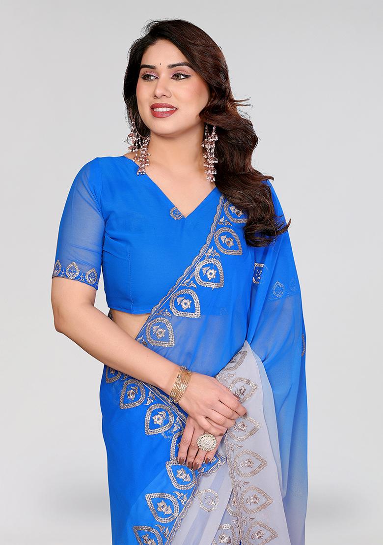 Blue And Grey Embroidery Silk Saree Set - Indya