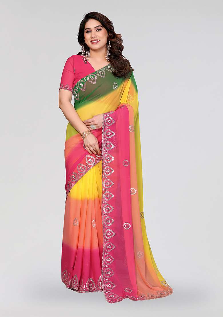 Green And Pink Embroidery Silk Blend Saree Set for Diwali and Festive Wear - Indya