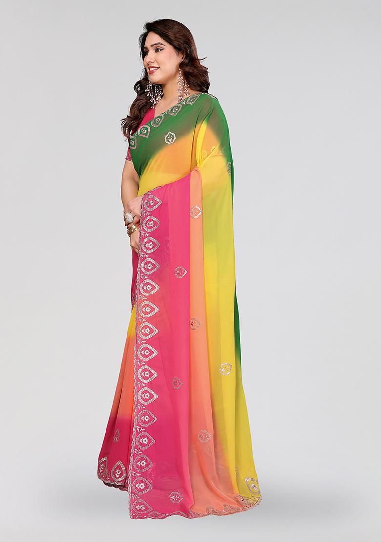 Green And Pink Embroidery Silk Saree Set - Indya