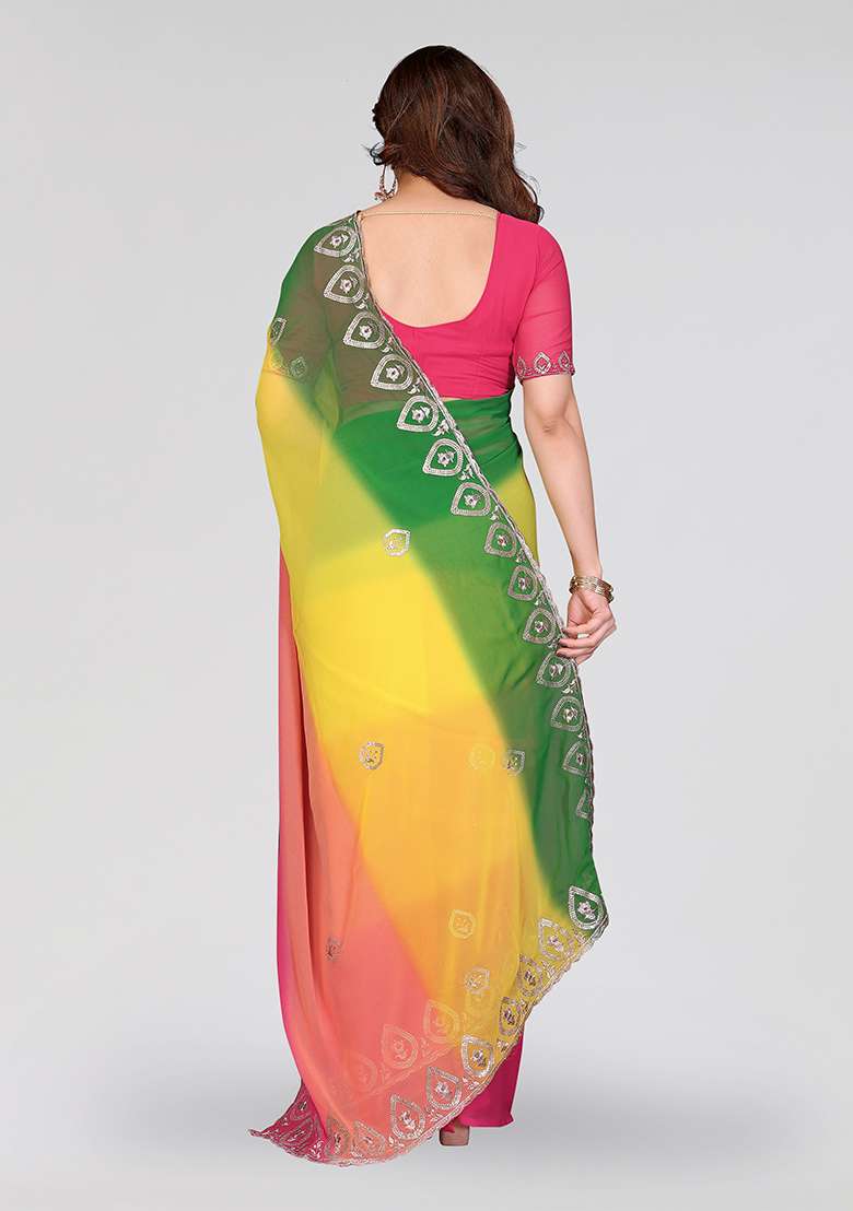 Green And Pink Embroidery Silk Blend Saree Set for Diwali and Festive Wear - Indya