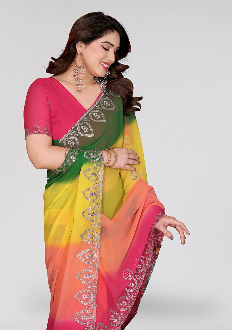 Green And Pink Embroidery Silk Saree Set - Indya