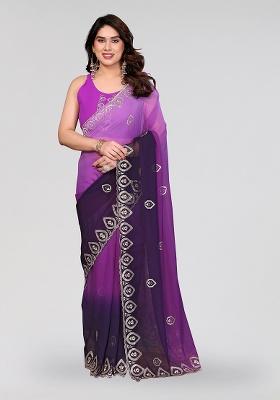 Purple Embroidery Silk Saree Set
