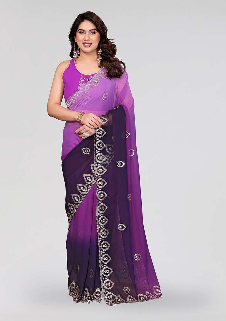 Purple Embroidery Silk Blend Saree Set for Diwali and Festive Wear - Indya