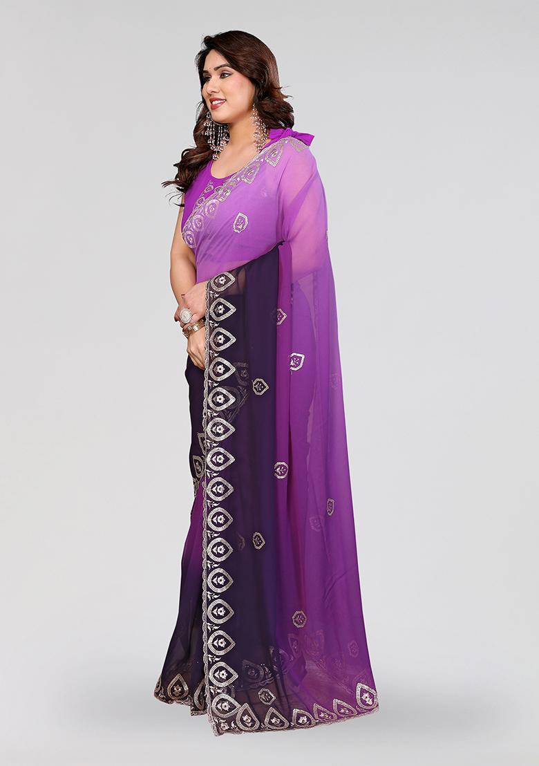 Purple Embroidery Silk Saree Set - Indya