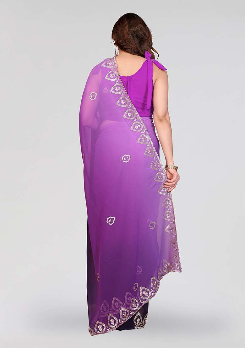 Purple Embroidery Silk Blend Saree Set for Diwali and Festive Wear - Indya