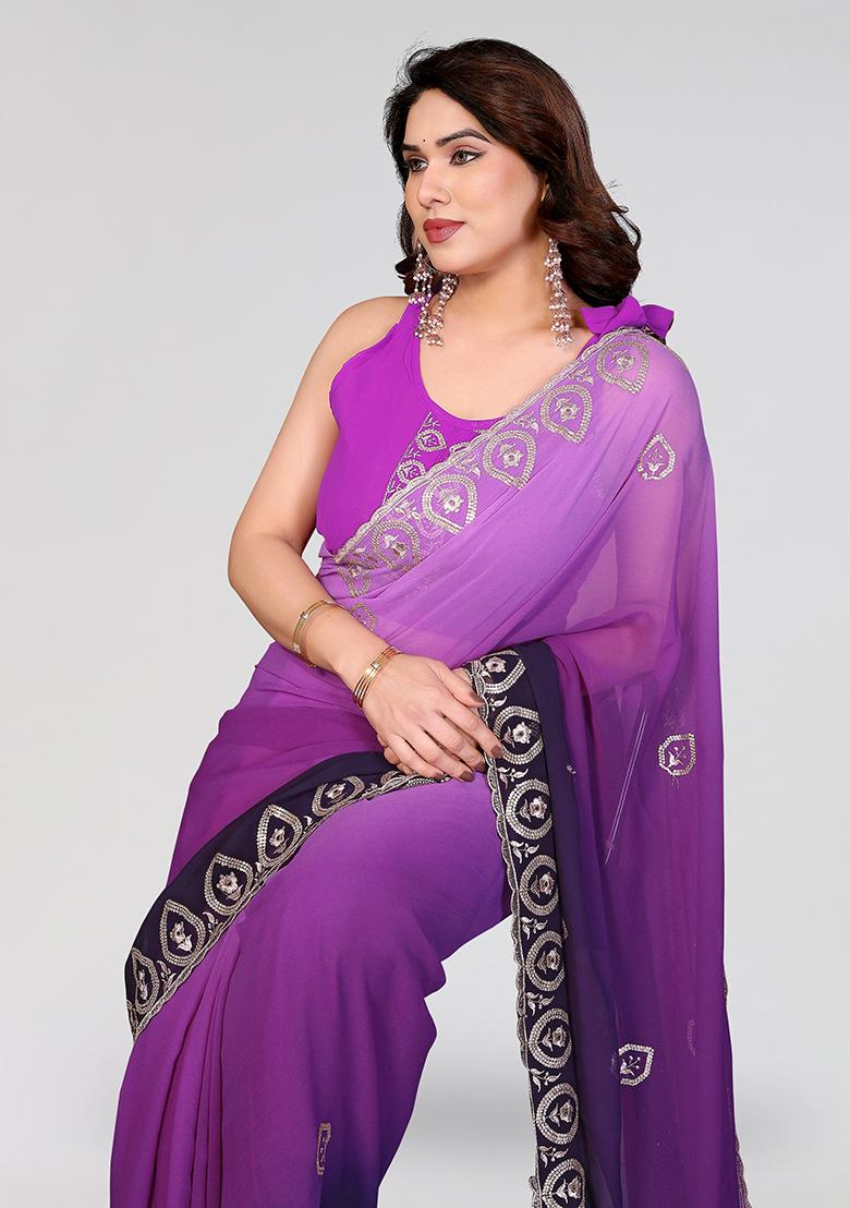 Purple Embroidery Silk Saree Set - Indya