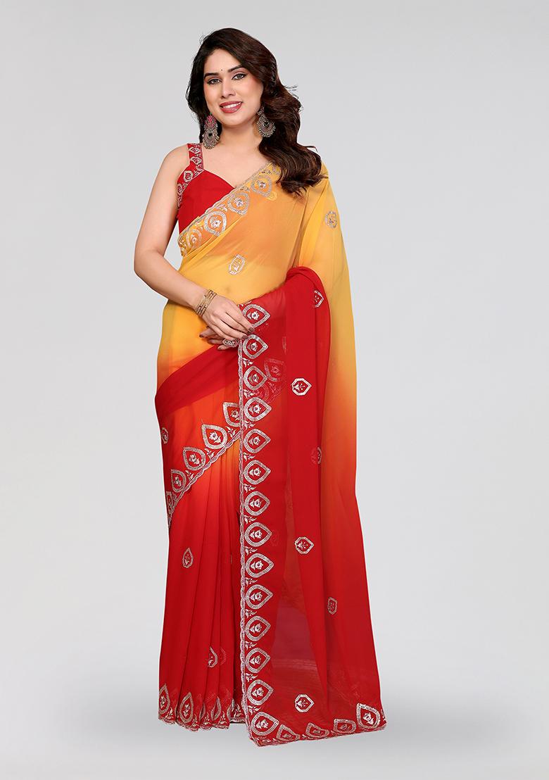 Red Embroidery Silk Saree Set - Indya