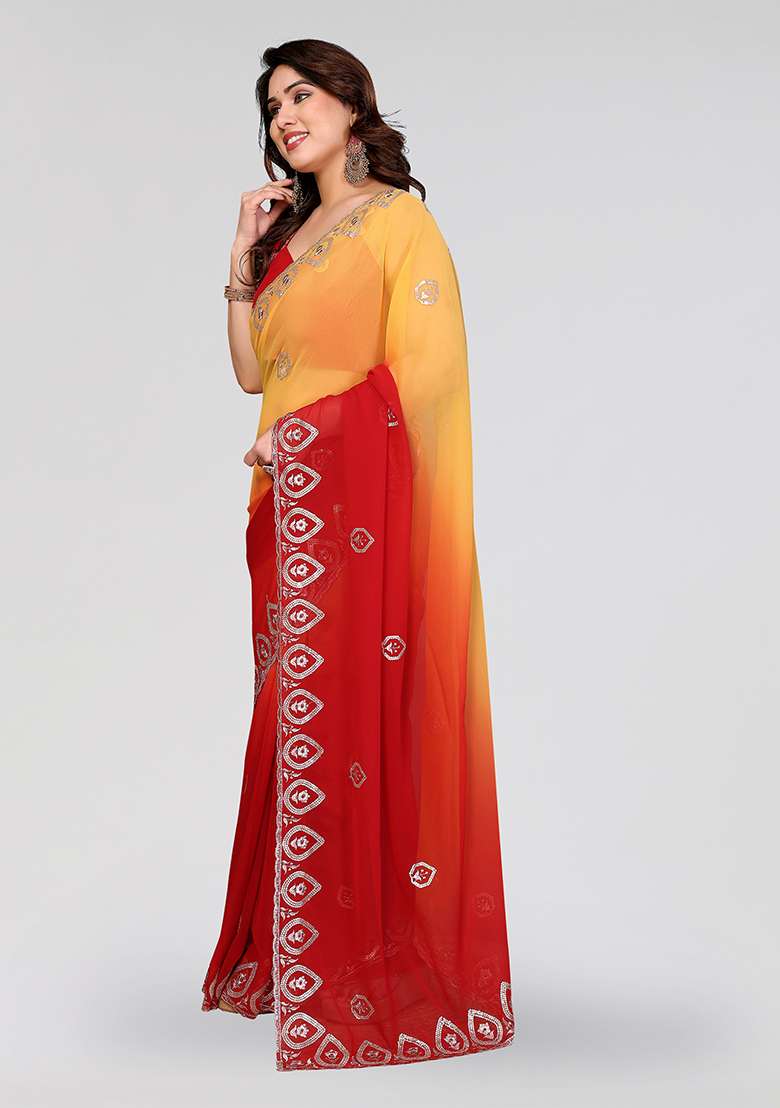 Red Silk Blend Saree Set with Embroidery for Diwali | Wedding & Festive Wear - Indya
