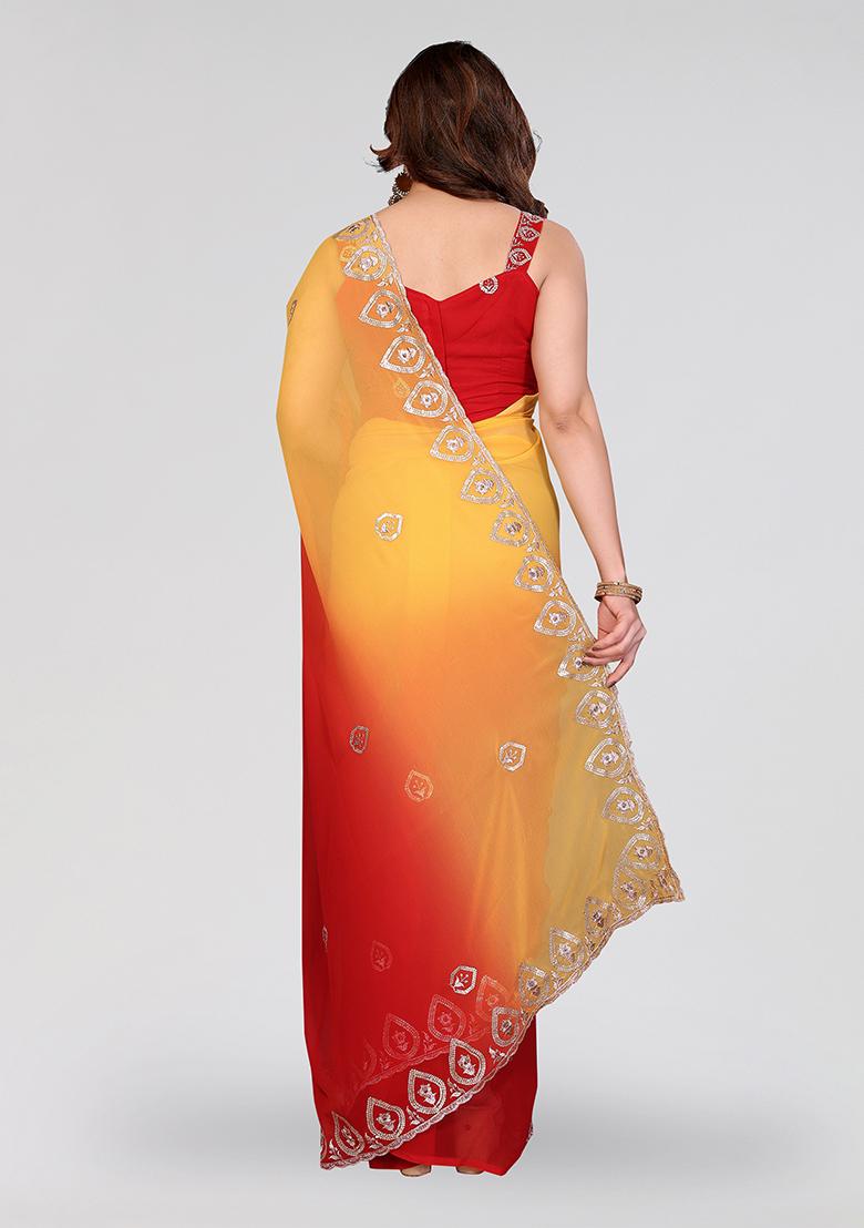 Red Embroidery Silk Saree Set - Indya