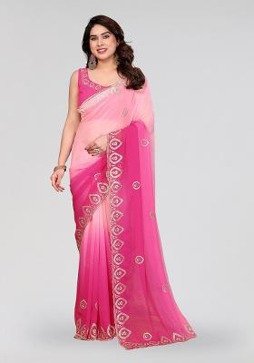 Rose Pink Embroidery Silk Saree Set