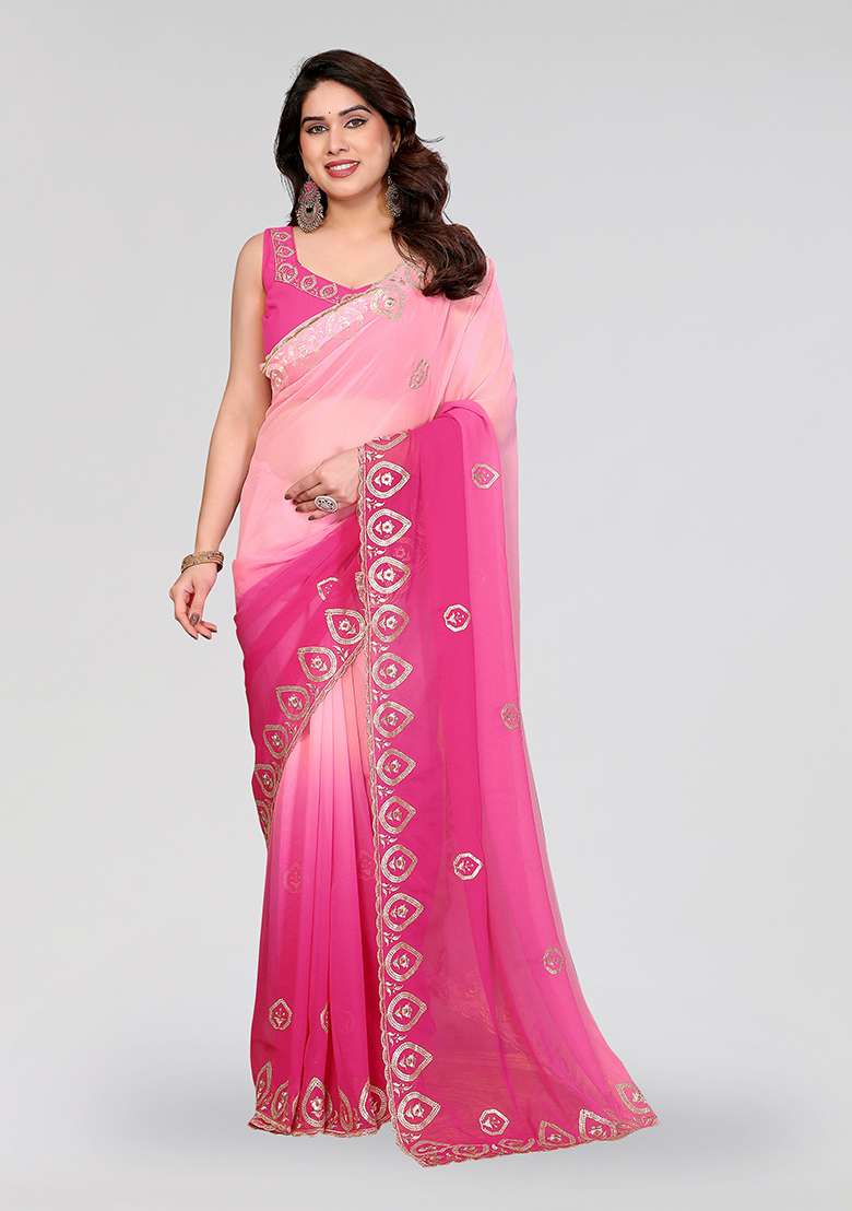 Rose Pink Embroidery Silk Blend Saree Set for Diwali and Festive Wear - Indya
