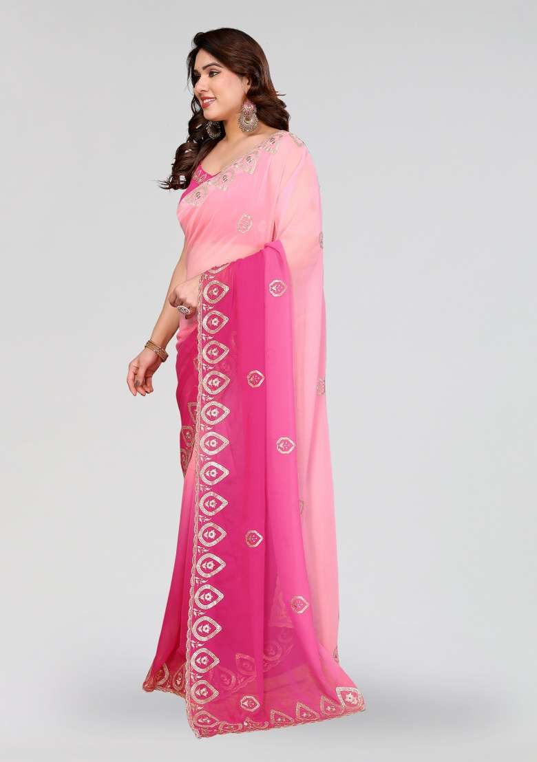 Rose Pink Embroidery Silk Blend Saree Set for Diwali and Festive Wear - Indya