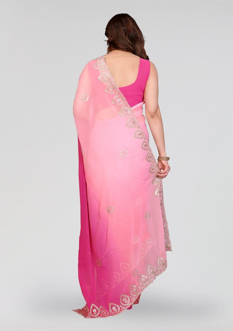 Rose Pink Embroidery Silk Saree Set - Indya