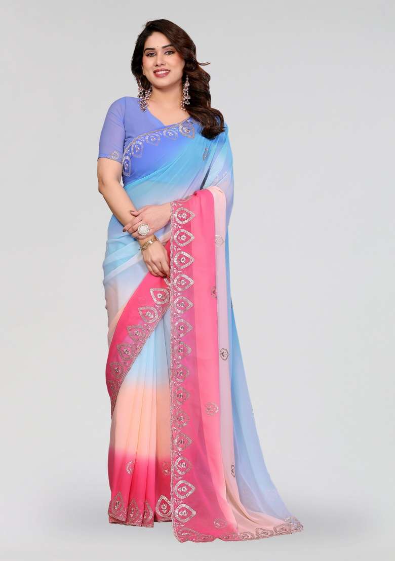 Sky Pink Silk Blend Saree Set with Embroidery for Diwali | Wedding & Festive Wear - Indya
