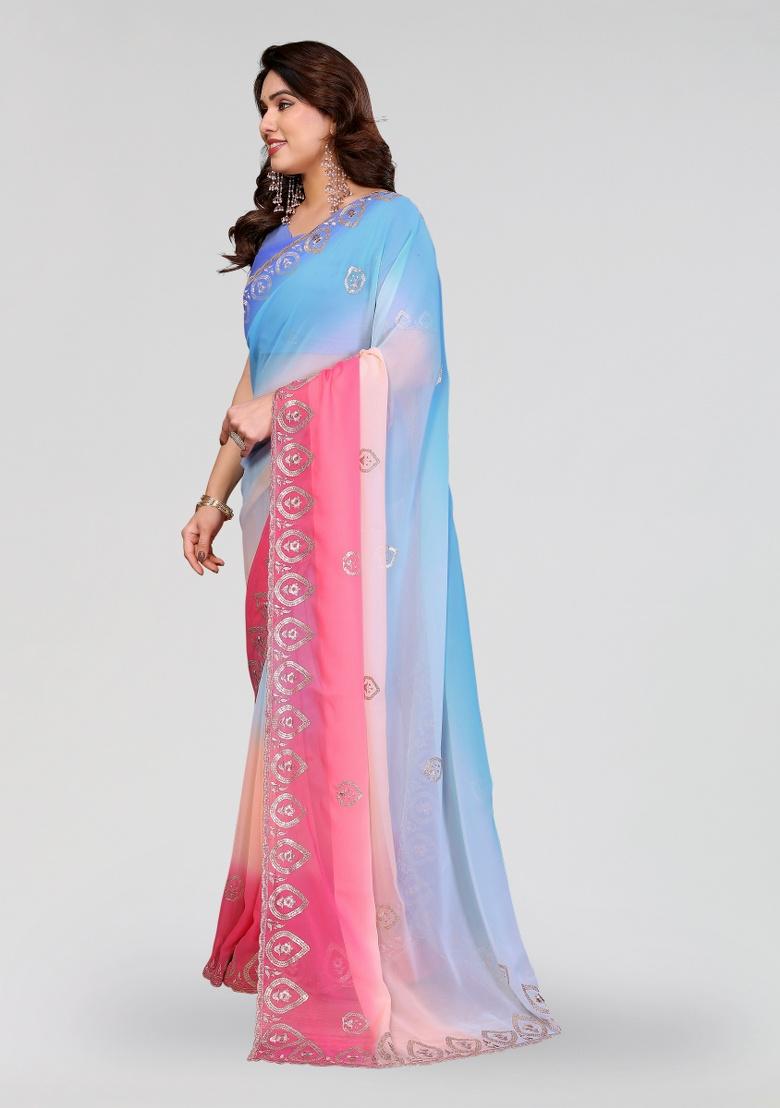 Sky Pink Embroidery Silk Saree Set - Indya