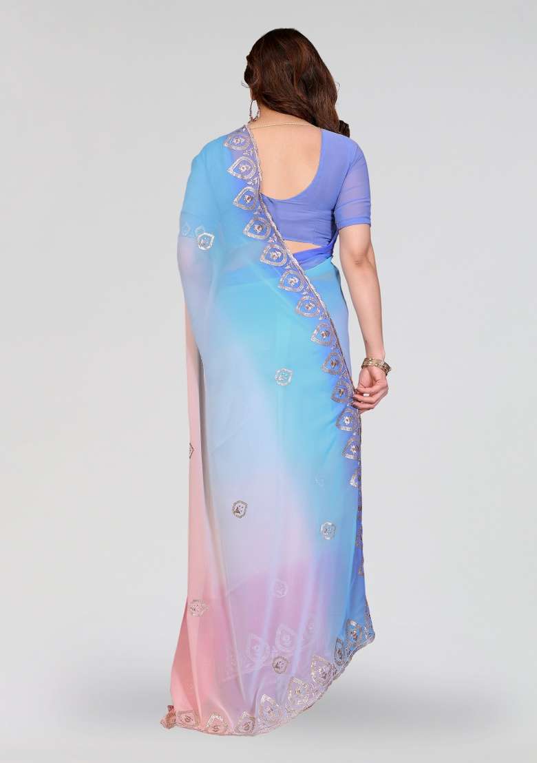 Sky Pink Silk Blend Saree Set with Embroidery for Diwali | Wedding & Festive Wear - Indya