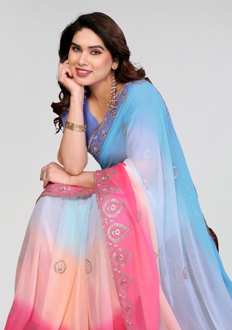 Sky Pink Embroidery Silk Saree Set - Indya