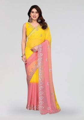 Yellow And Peach Embroidery Silk Saree Set
