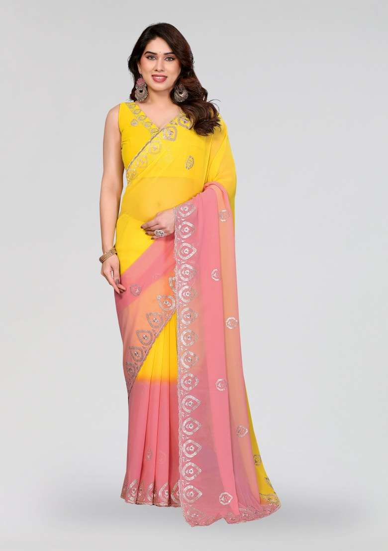 Yellow And Peach Silk Blend Saree Set with Embroidery for Diwali | Wedding & Festive Wear - Indya