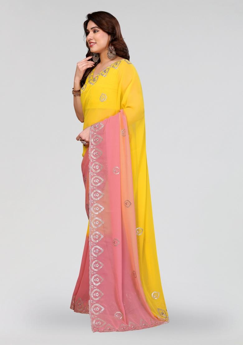 Yellow And Peach Embroidery Silk Saree Set - Indya