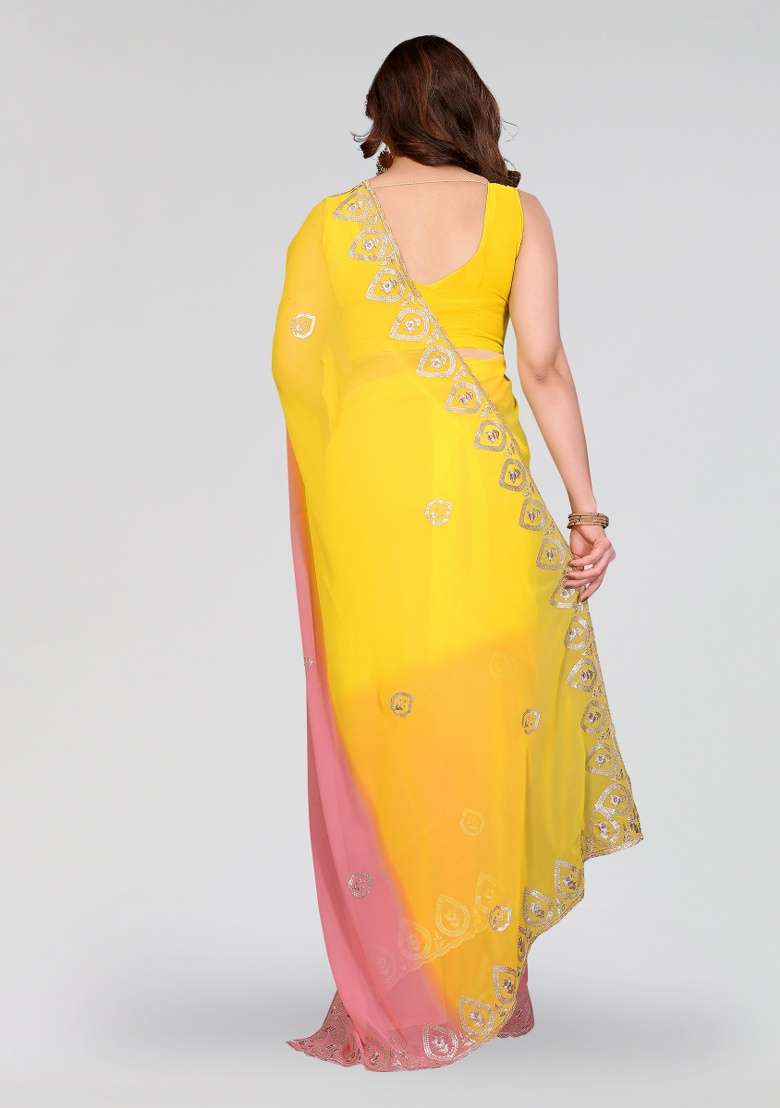 Yellow And Peach Silk Blend Saree Set with Embroidery for Diwali | Wedding & Festive Wear - Indya