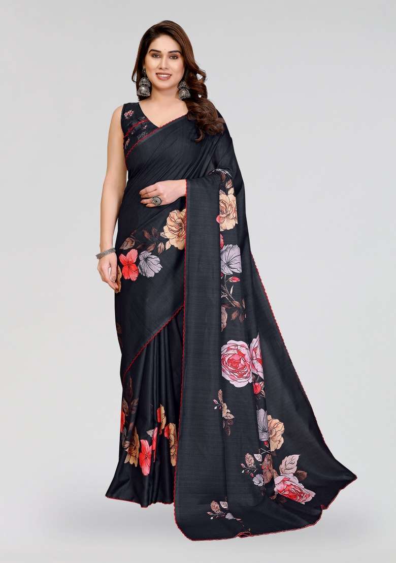 Black Silk Blend Saree Set with Printed for Diwali | Wedding & Festive Wear - Indya
