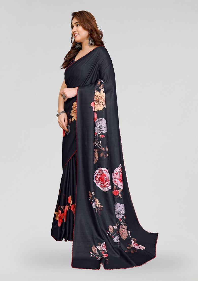Black Printed Silk Saree Set - Indya
