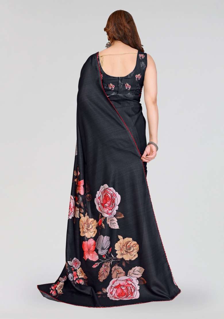 Black Silk Blend Saree Set with Printed for Diwali | Wedding & Festive Wear - Indya