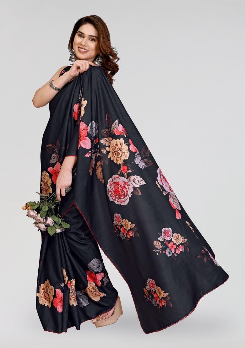Black Printed Silk Saree Set - Indya
