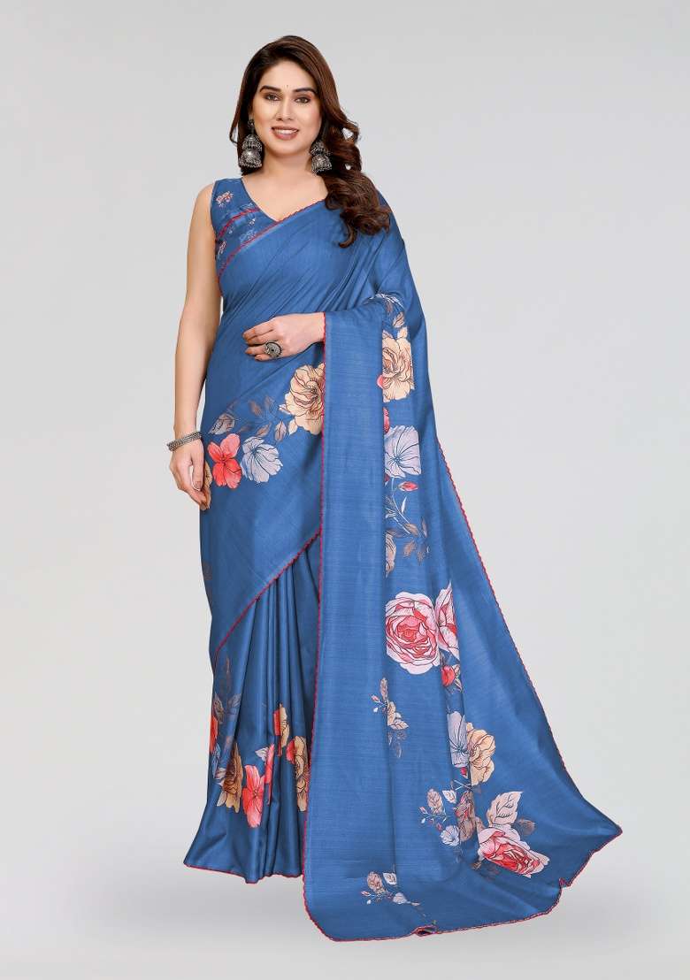 Blue Printed Silk Blend Saree Set for Diwali and Festive Wear - Indya