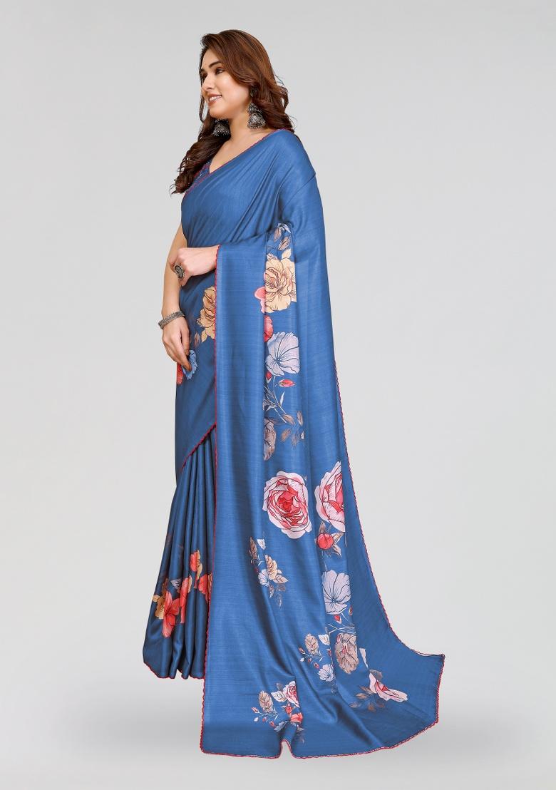 Blue Printed Silk Saree Set - Indya