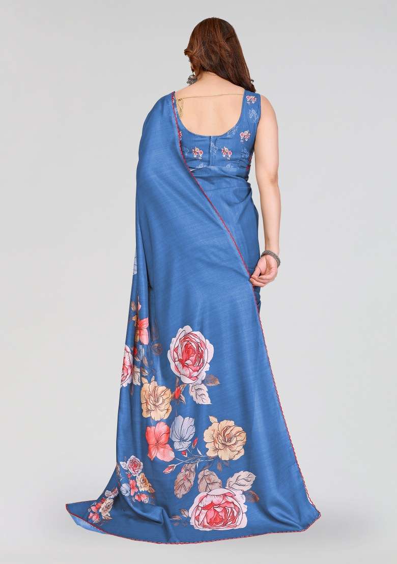Blue Printed Silk Blend Saree Set for Diwali and Festive Wear - Indya