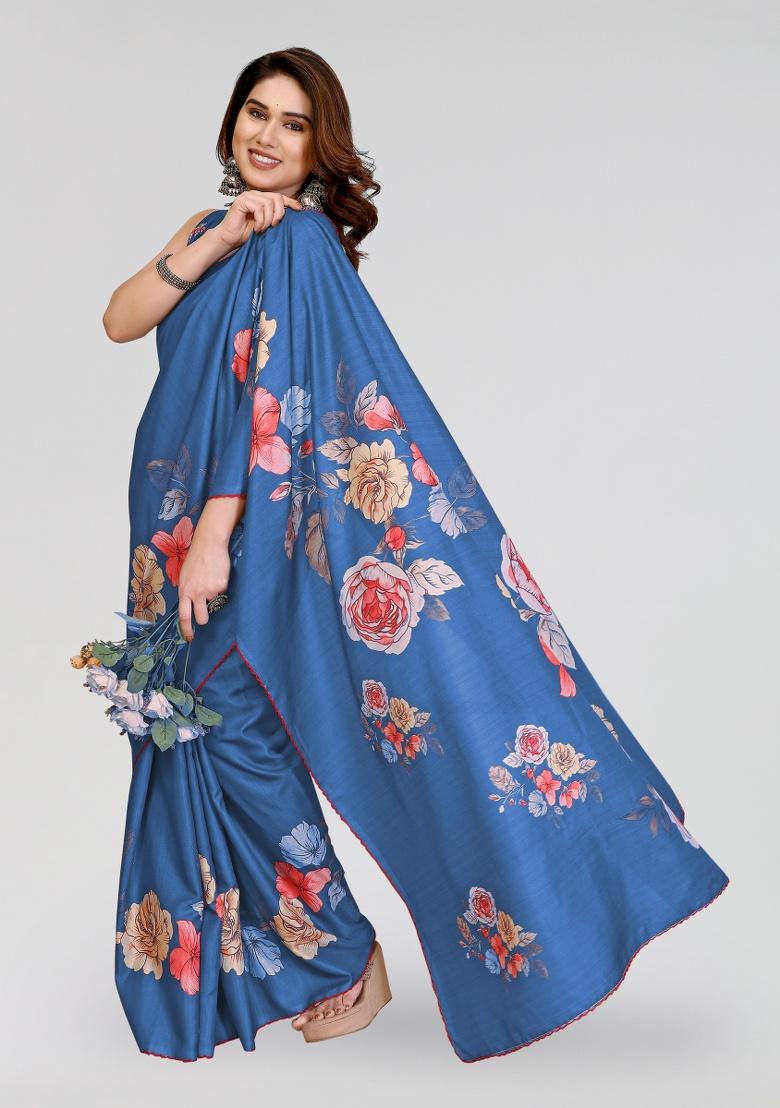 Blue Printed Silk Saree Set - Indya