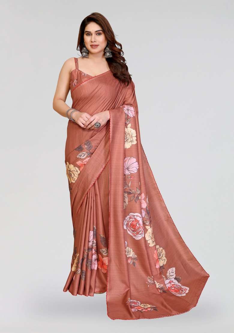 Brown Silk Blend Saree Set with Printed for Diwali | Wedding & Festive Wear - Indya