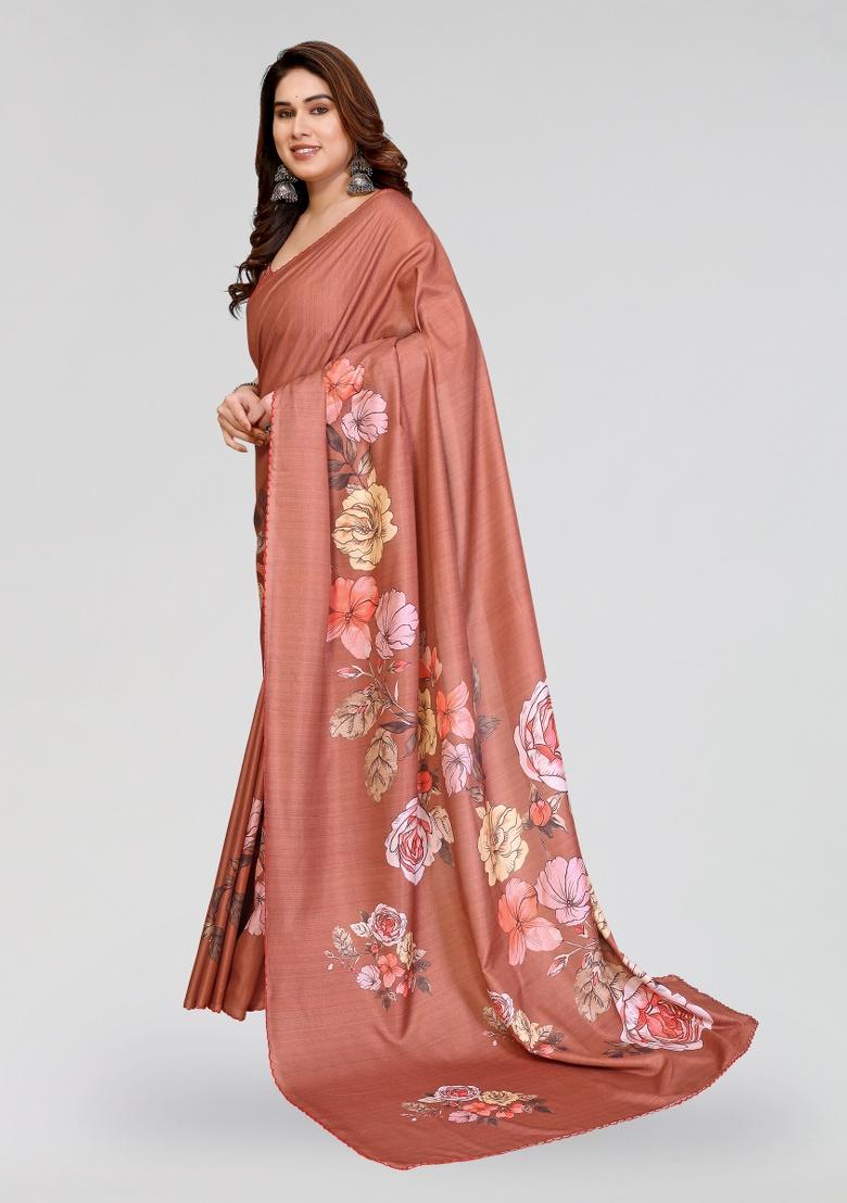 Brown Printed Silk Saree Set - Indya