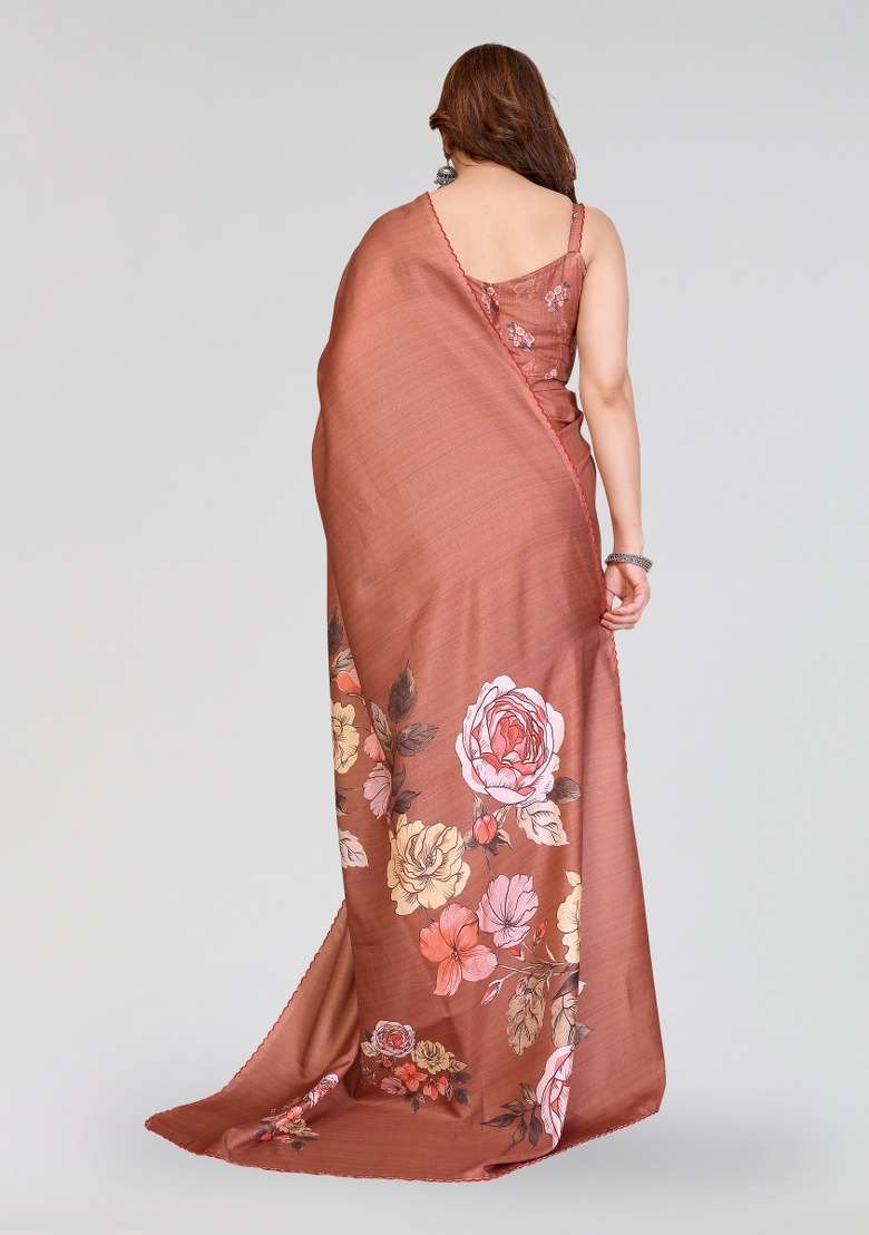 Brown Silk Blend Saree Set with Printed for Diwali | Wedding & Festive Wear - Indya