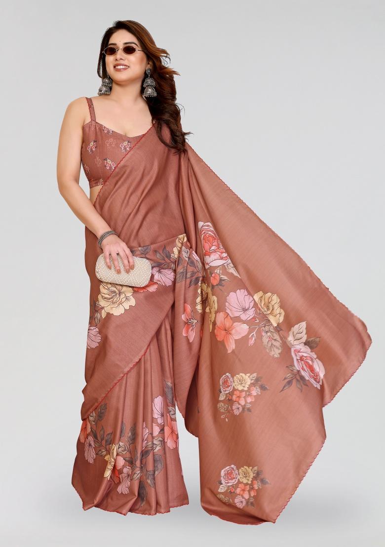 Brown Printed Silk Saree Set - Indya
