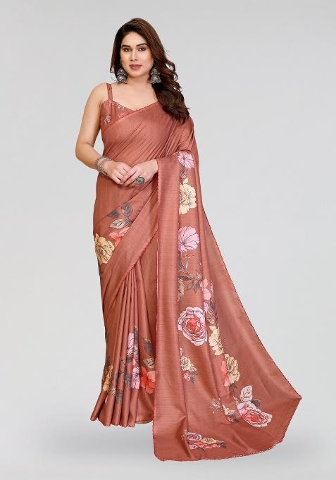 Brown Printed Silk Saree Set