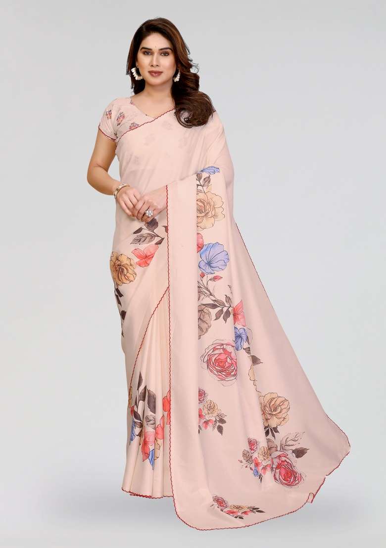 Cream Silk Blend Saree Set with Printed for Diwali | Wedding & Festive Wear - Indya
