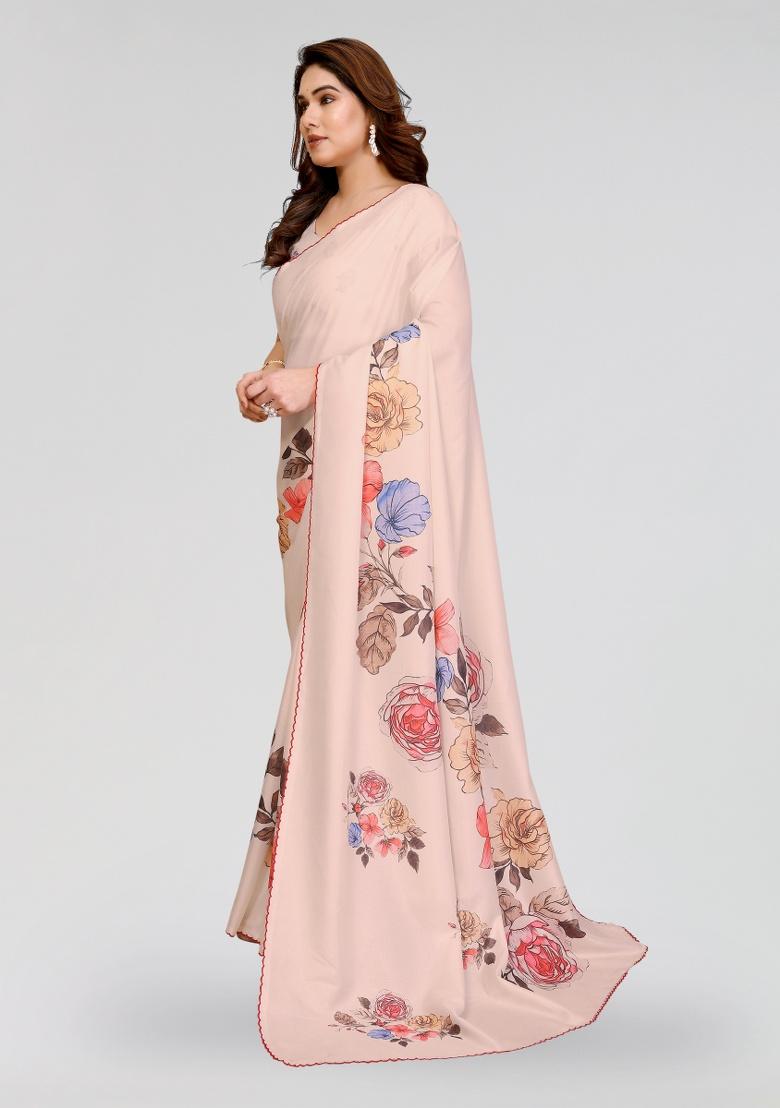 Cream Printed Silk Saree Set - Indya
