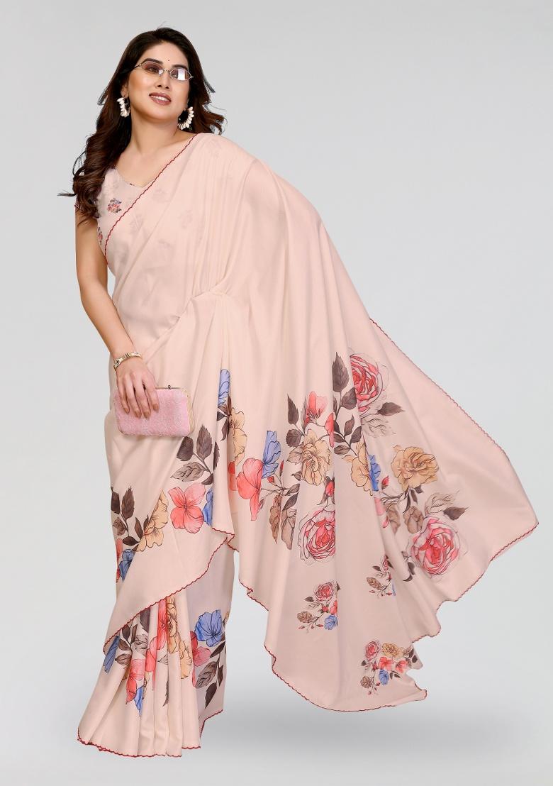 Cream Printed Silk Saree Set - Indya
