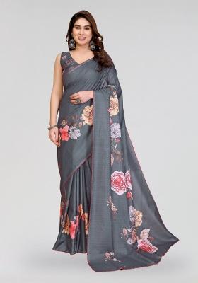 Grey Printed Silk Saree Set