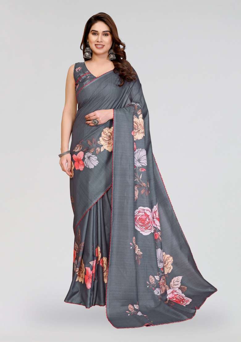 Grey Printed Silk Blend Saree Set for Diwali and Festive Wear - Indya
