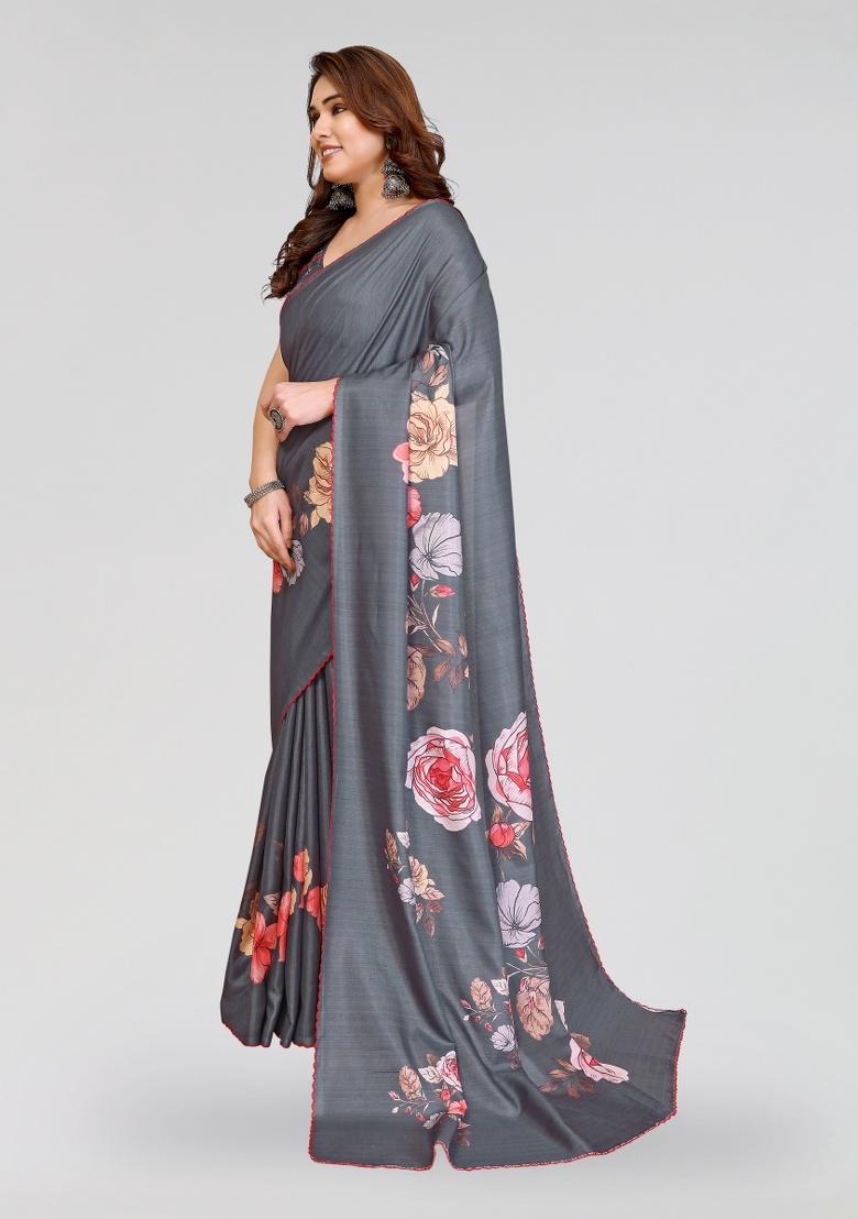 Grey Printed Silk Saree Set - Indya