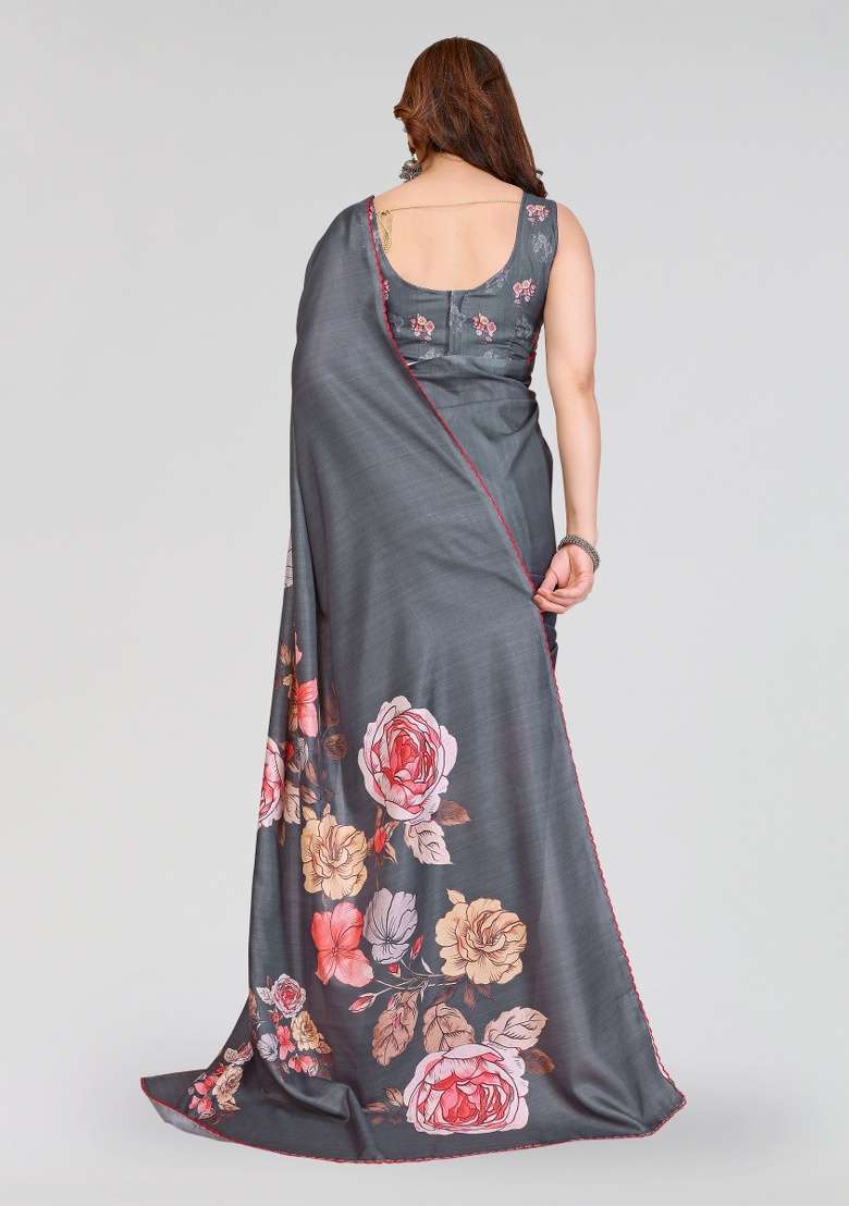 Grey Printed Silk Blend Saree Set for Diwali and Festive Wear - Indya
