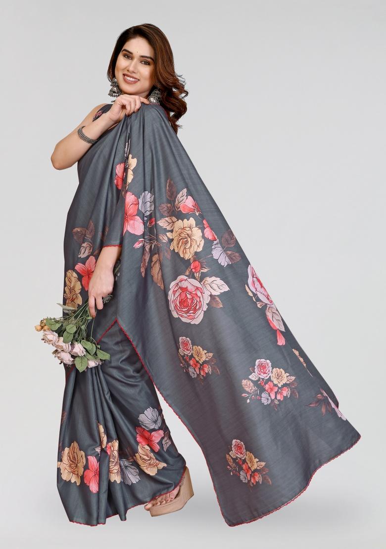Grey Printed Silk Saree Set - Indya