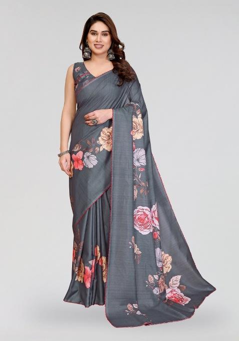 Grey Printed Silk Saree Set
