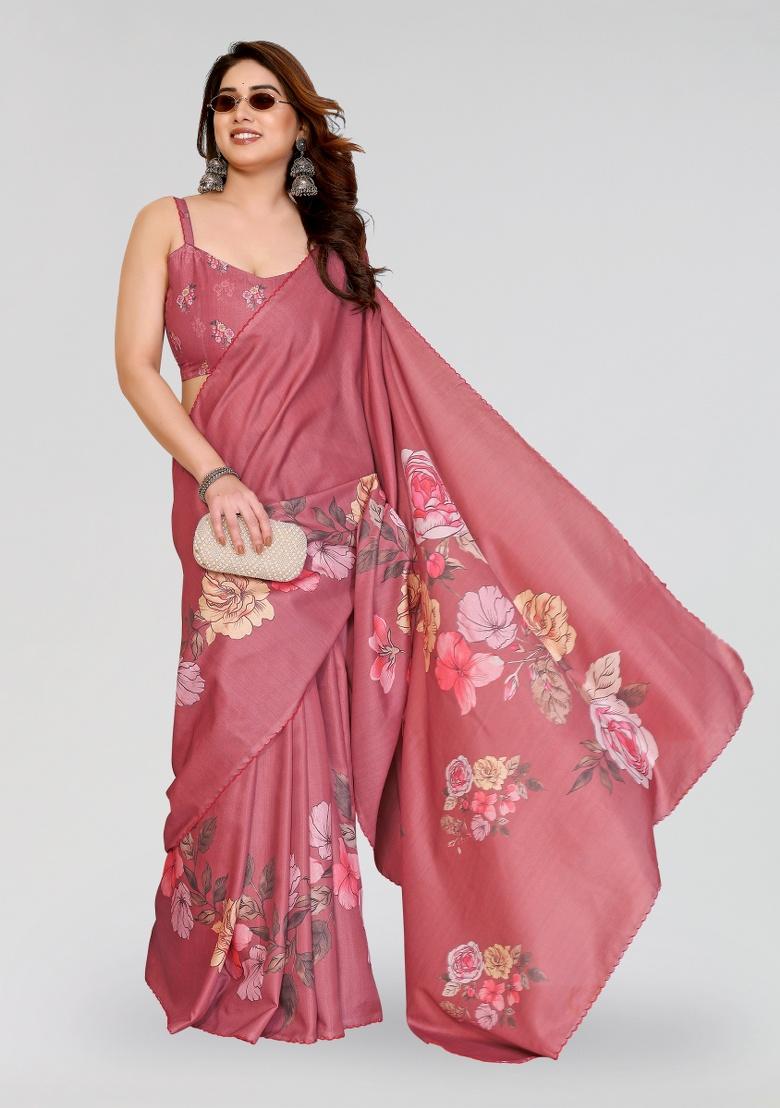 Peach Printed Silk Saree Set - Indya