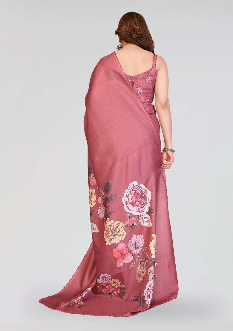 Peach Silk Blend Saree Set with Printed for Diwali | Wedding & Festive Wear - Indya