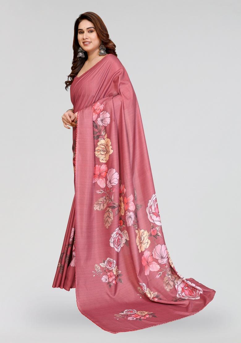 Peach Printed Silk Saree Set - Indya